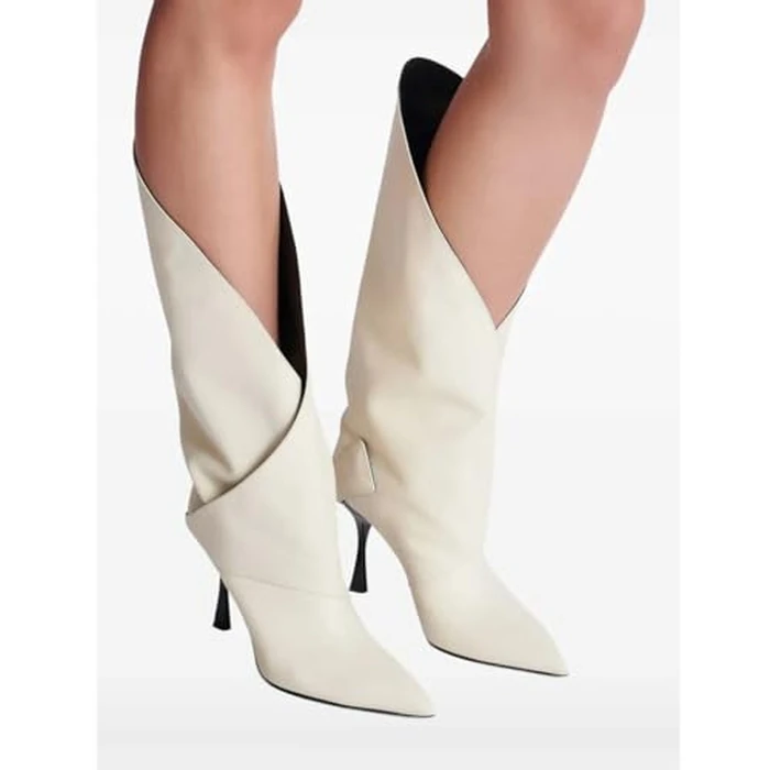 NSZPD Women's Leather Knee High Boots V-Cut Pointed Toe Stiletto High Heel Riding Boots Stylish Motorcycle Biker Booties with Twist Detail For Party Wedding Shows by NSZPD - Image 2