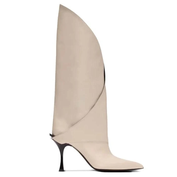 NSZPD Women's Leather Knee High Boots V-Cut Pointed Toe Stiletto High Heel Riding Boots Stylish Motorcycle Biker Booties with Twist Detail For Party Wedding Shows by NSZPD - Image 3