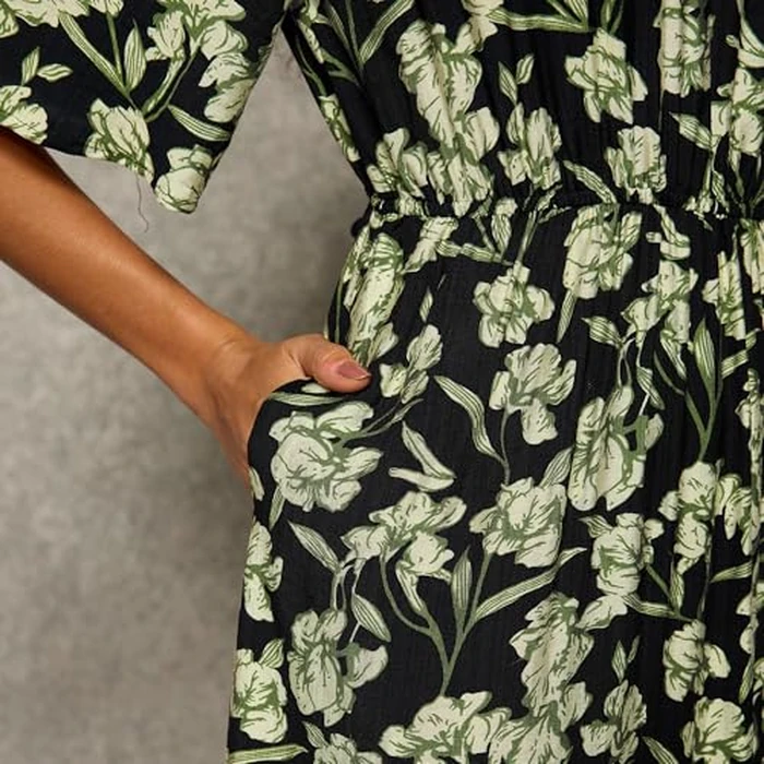 Ystguic Women 2025 Fall Long Maxi Boho V Neck Aline Dresses for Seniors Ladies Rayon Viscose 2025 Bohemian Dress with Pockets for Beach Vocation Wedding Guest Medium 024 BlackGreenFloral M by Ystguic - Image 6