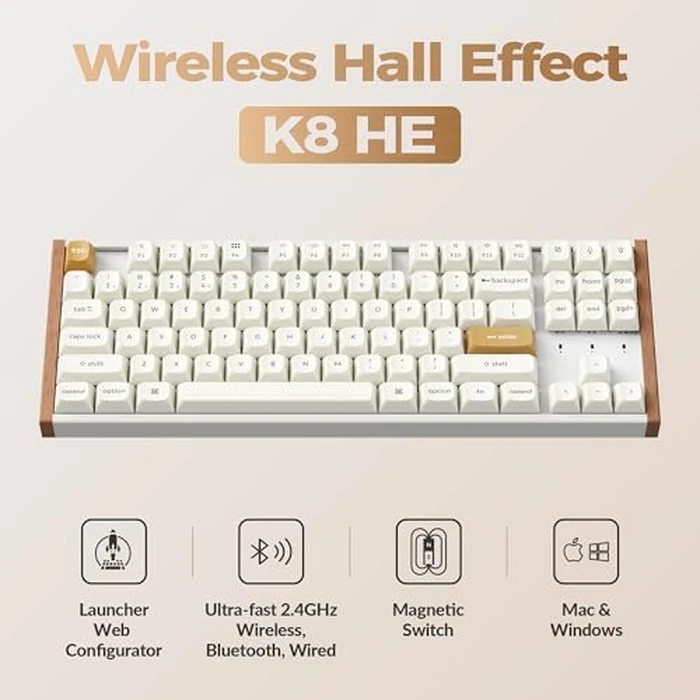 Keychron K8 HE TKL Keyboard Wireless Bluetooth 2.4G Wired Triple Mode Hot Swappable Hall Effect with QMK Launcher Aluminum+Wood Frame Rapid Trigger for Mac Windows Linux-White by Keychron - Image 2