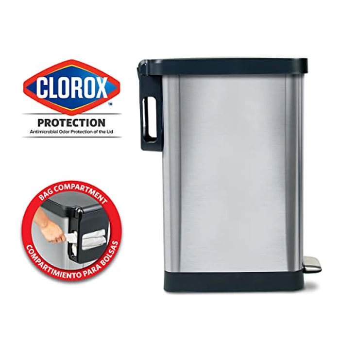Glad Slim Trash Can with Clorox Odor Protection - Narrow Kitchen Garbage Bin with Soft Close Lid, Step On Foot Pedal and Waste Bag Roll Holder, Stainless Steel, 12 Gallon/45 Liter by Glad - Image 2