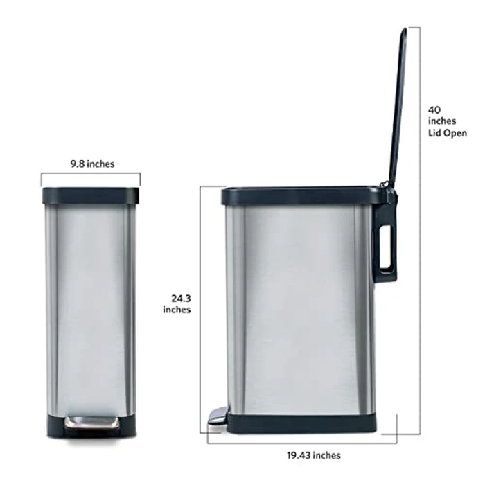 Glad Slim Trash Can with Clorox Odor Protection - Narrow Kitchen Garbage Bin with Soft Close Lid, Step On Foot Pedal and Waste Bag Roll Holder, Stainless Steel, 12 Gallon/45 Liter by Glad - Image 4