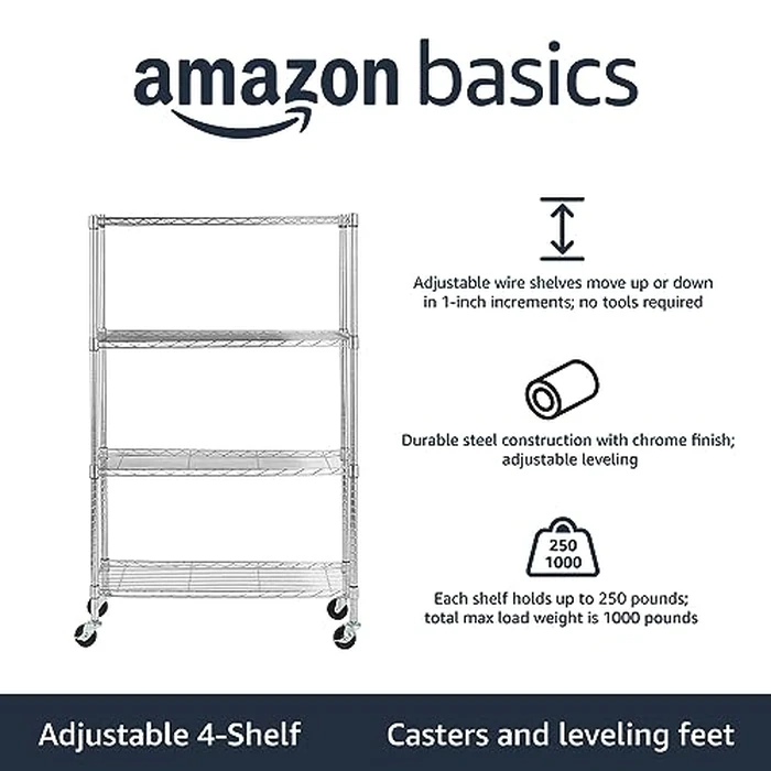 Amazon Basics 4-Shelf Adjustable, Heavy Duty Storage Shelving Unit with Wheels for Easy Assembly, for Garage or Kitchen Use, Metal Organizer Wire Rack, 36" L x 14" W x 57.8" H, Chrome by Amazon Basics - Image 1