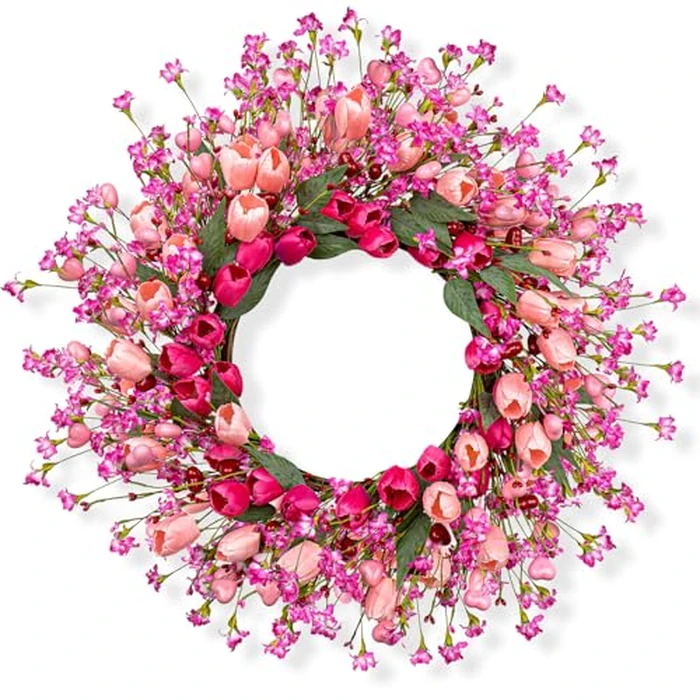 J'FLORU 22 Inch Valentines Day Wreath Pink Valentine's Day Wreaths for Front Door Tulip Wreath with Red Hearts and Berries for Valentine Wedding Anniversary Candlelight Dinner by J'FLORU - Image 1