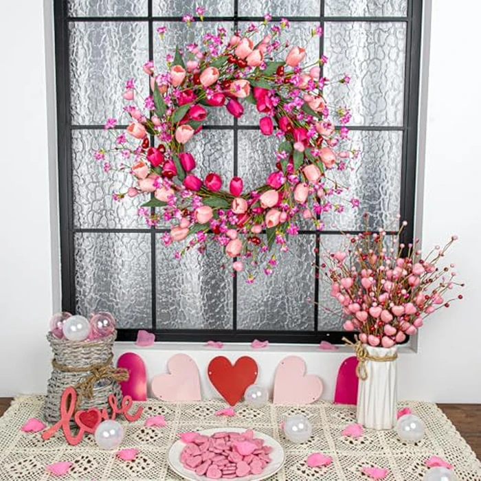 J'FLORU 22 Inch Valentines Day Wreath Pink Valentine's Day Wreaths for Front Door Tulip Wreath with Red Hearts and Berries for Valentine Wedding Anniversary Candlelight Dinner by J'FLORU - Image 2