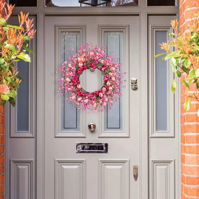 J'FLORU 22 Inch Valentines Day Wreath Pink Valentine's Day Wreaths for Front Door Tulip Wreath with Red Hearts and Berries for Valentine Wedding Anniversary Candlelight Dinner by J'FLORU - Image 3