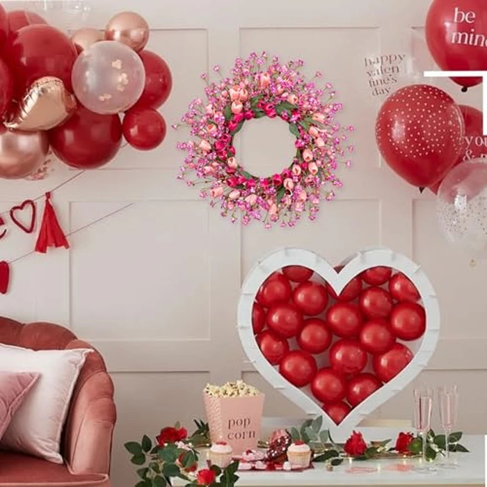 J'FLORU 22 Inch Valentines Day Wreath Pink Valentine's Day Wreaths for Front Door Tulip Wreath with Red Hearts and Berries for Valentine Wedding Anniversary Candlelight Dinner by J'FLORU - Image 4