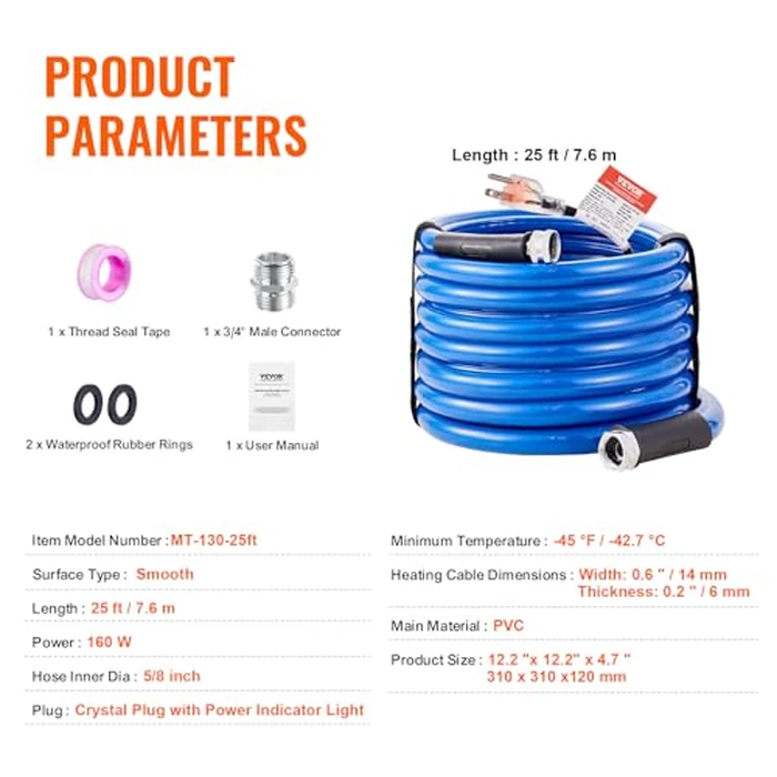 VEVOR 25ft Heated Water Hose for RV, Heated Drinking Water Hose Antifreeze to -45 degreesF, Automatic Self-regulating, 5/8" I.D. with 3/4" GHT Adapter, Lead and BPA Free by VEVOR - Image 7