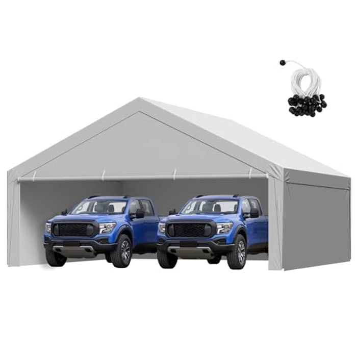 VEVOR Carport Replacement Canopy, 20 x 20 ft Potable Garage Tent Top Tarp with Sidewalls, UV-Resistant & Waterproof, Heavy Duty Car Shelter Tarp with Ball Buggees, Grey, Frame Not Included by VEVOR - Used - Very Good condition - CA$162.06