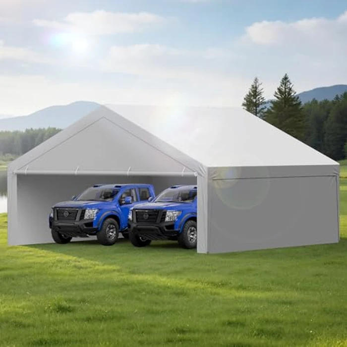 VEVOR Carport Replacement Canopy, 20 x 20 ft Potable Garage Tent Top Tarp with Sidewalls, UV-Resistant & Waterproof, Heavy Duty Car Shelter Tarp with Ball Buggees, Grey, Frame Not Included by VEVOR - Image 2