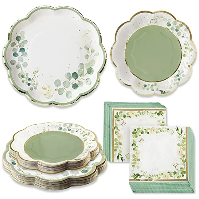 Kate Aspen Sage Green Party Decorations, Eucalyptus Floral Botanical Garden 62 Piece Plates and Napkins Party Supplies (16 Guests) Greenery Baby Shower Decorations & Bridal Shower Decor by Kate Aspen - Image 1