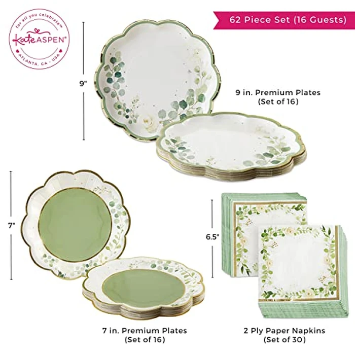 Kate Aspen Sage Green Party Decorations, Eucalyptus Floral Botanical Garden 62 Piece Plates and Napkins Party Supplies (16 Guests) Greenery Baby Shower Decorations & Bridal Shower Decor by Kate Aspen - Image 8