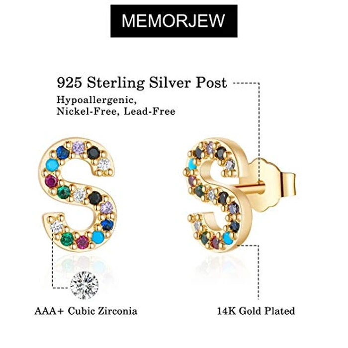 Memorjew Initial Earrings for Women - 925 Sterling Silver Post 14K Gold Plated Letter S Initial stud Earring Cubic Zirconia Earrings for Women Jewelry Gifts by Memorjew - Image 4
