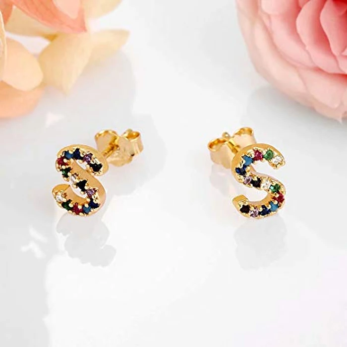 Memorjew Initial Earrings for Women - 925 Sterling Silver Post 14K Gold Plated Letter S Initial stud Earring Cubic Zirconia Earrings for Women Jewelry Gifts by Memorjew - Image 6