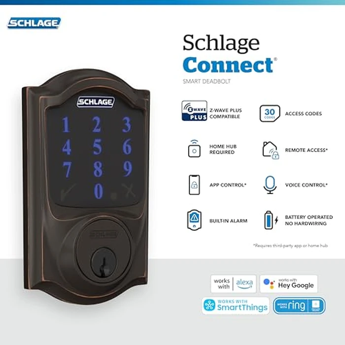 Schlage Connect Smart Deadbolt Lock with Touchscreen Keypad, Keyless Front Door Entry, Z-Wave Plus Compatible, Aged Bronze, BE469ZP CAM 716 by SCHLAGE - Image 2