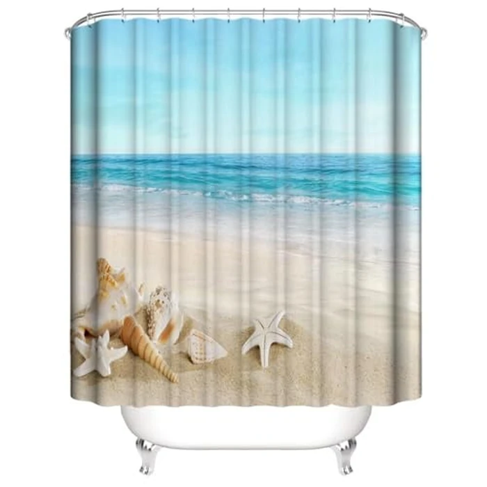 Chrainy 4Pcs Summer Beach Shower Curtain Sets Sea Bathroom Set Decor with Non-Slip Rugs Bath U-Shaped Mat Toilet Lid Cover Waterproof Bathroom Curtain Shower Set with 12 Hooks by Chrainy - Image 3