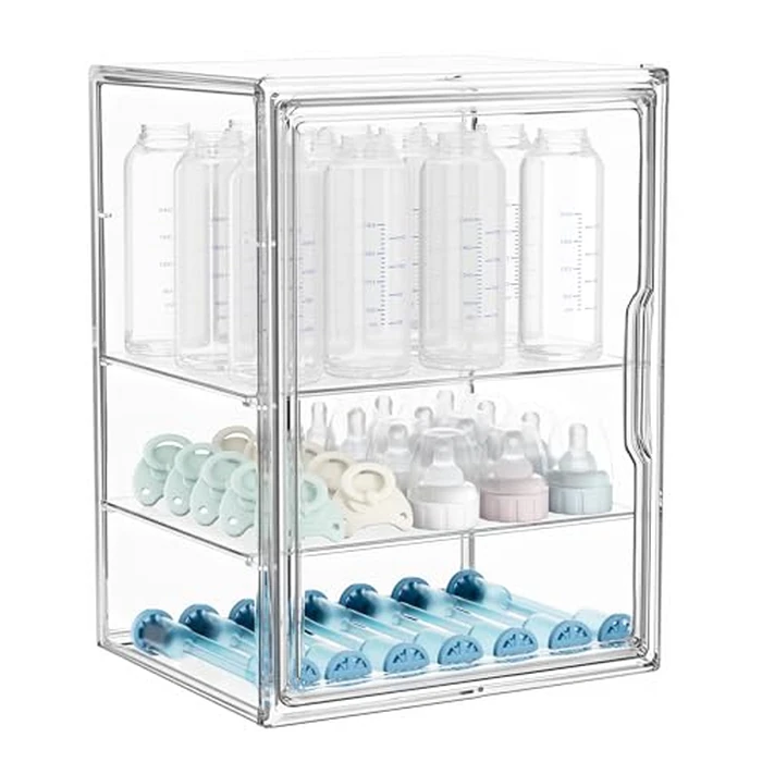 HBlife Baby Bottle Storage Organizer for Countertop Cabinet, 3 Tiers Adjustable Clear Acrylic Bottles Storage Station Case Box Container with 2 Removable Dividers and Magnetic Door, Large by HBlife - Used - Very Good condition - US$38.63