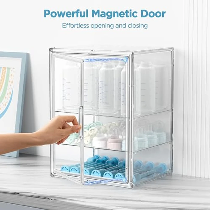 HBlife Baby Bottle Storage Organizer for Countertop Cabinet, 3 Tiers Adjustable Clear Acrylic Bottles Storage Station Case Box Container with 2 Removable Dividers and Magnetic Door, Large by HBlife - Image 4