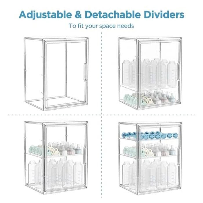 HBlife Baby Bottle Storage Organizer for Countertop Cabinet, 3 Tiers Adjustable Clear Acrylic Bottles Storage Station Case Box Container with 2 Removable Dividers and Magnetic Door, Large by HBlife - Image 5
