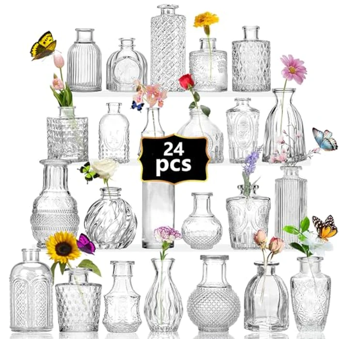 Anquephd Mini Bud Vases set of 24 As Wedding Centerpieces for Tables,Clear Bud Vases for Flowers,Small Flower Vases Suitable for Birthday Party,Anniversary,Wedding Reception,Baby Shower (Clear, 24PCS) by anquephd - Used - Very Good condition - CA$38.06