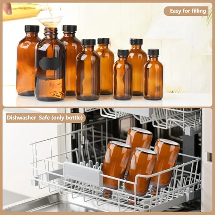 BPFY 12 Pack 8 oz Amber Glass Boston Bottle With Black Poly Cap, Funnel, Chalk Labels, Pen, Dispensing Bottles for Homemade Vanilla Extract, Essential Oils, Herbal Medicine, Wedding Christmas Decor by BPFY - Image 5