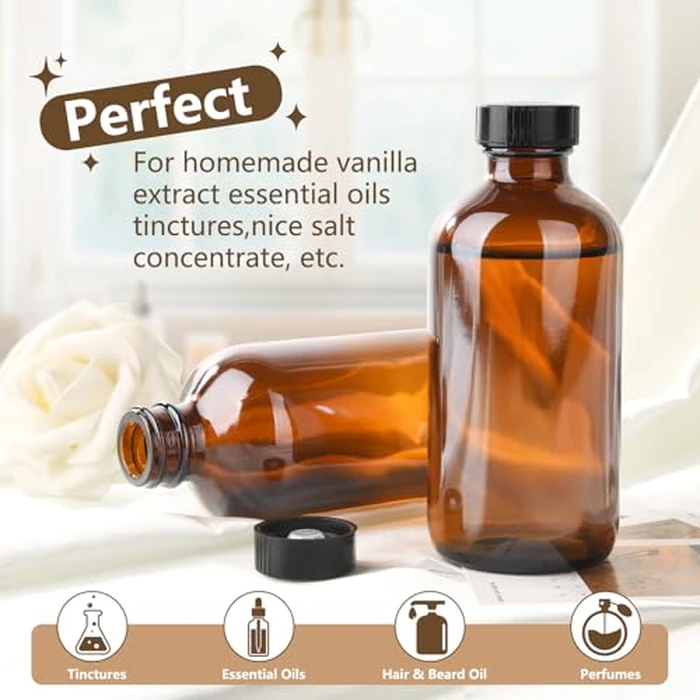 BPFY 12 Pack 8 oz Amber Glass Boston Bottle With Black Poly Cap, Funnel, Chalk Labels, Pen, Dispensing Bottles for Homemade Vanilla Extract, Essential Oils, Herbal Medicine, Wedding Christmas Decor by BPFY - Image 6