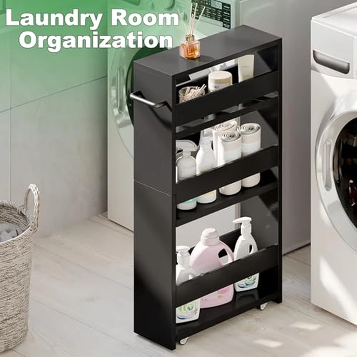 MARTY Slim Rolling Storage Cart 4-Tier Kitchen Cart with Wheels, Laundry Room Storage with Handle Slide Out Utility Cart Shelving Unit Organizer Trolley for Narrow Places Bathroom Small Corner, Black by MARTY - Image 4