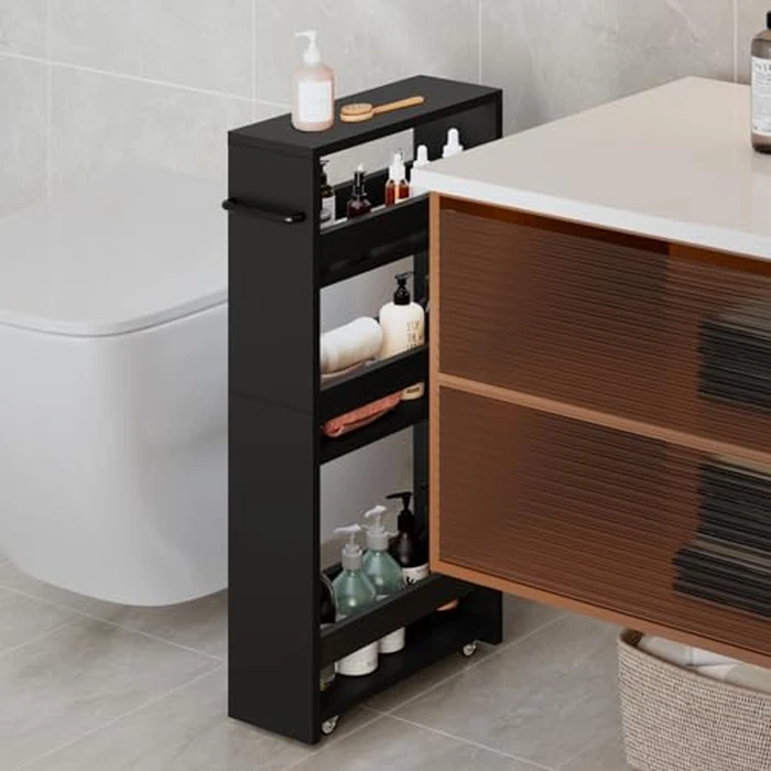 MARTY Slim Rolling Storage Cart 4-Tier Kitchen Cart with Wheels, Laundry Room Storage with Handle Slide Out Utility Cart Shelving Unit Organizer Trolley for Narrow Places Bathroom Small Corner, Black by MARTY - Image 5