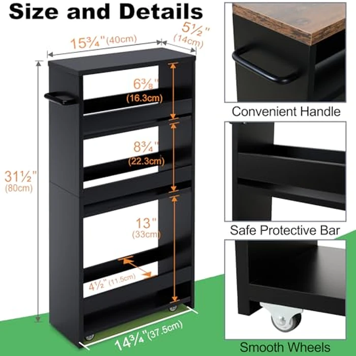 MARTY Slim Rolling Storage Cart 4-Tier Kitchen Cart with Wheels, Laundry Room Storage with Handle Slide Out Utility Cart Shelving Unit Organizer Trolley for Narrow Places Bathroom Small Corner, Black by MARTY - Image 6