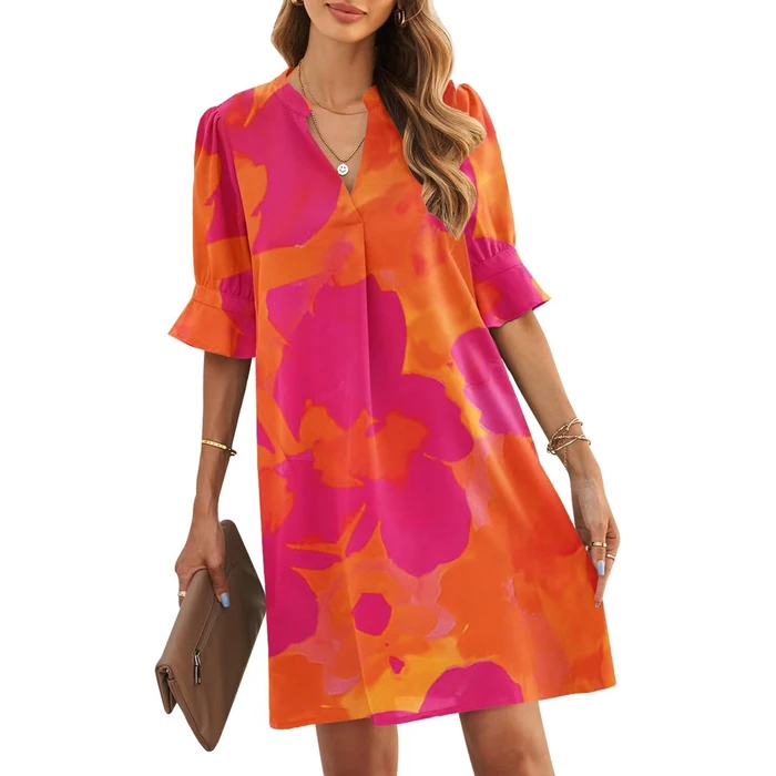 JOCAFIYE Womens Summer Dresses Casual Short Sleeve V-Neck Short Party Dress Mini Dresses for Women 2026 Orange Floral S by JOCAFIYE - Used - Good condition - US$36.79