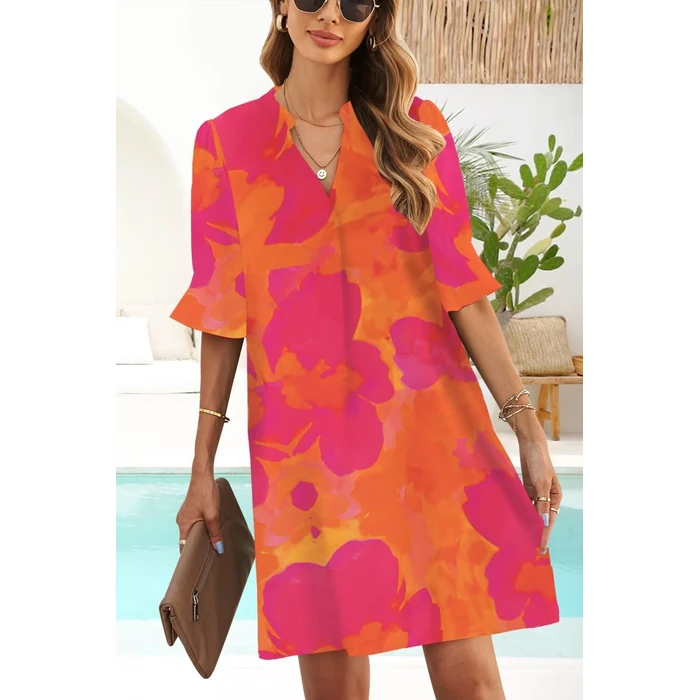 JOCAFIYE Womens Summer Dresses Casual Short Sleeve V-Neck Short Party Dress Mini Dresses for Women 2026 Orange Floral S by JOCAFIYE - Image 3