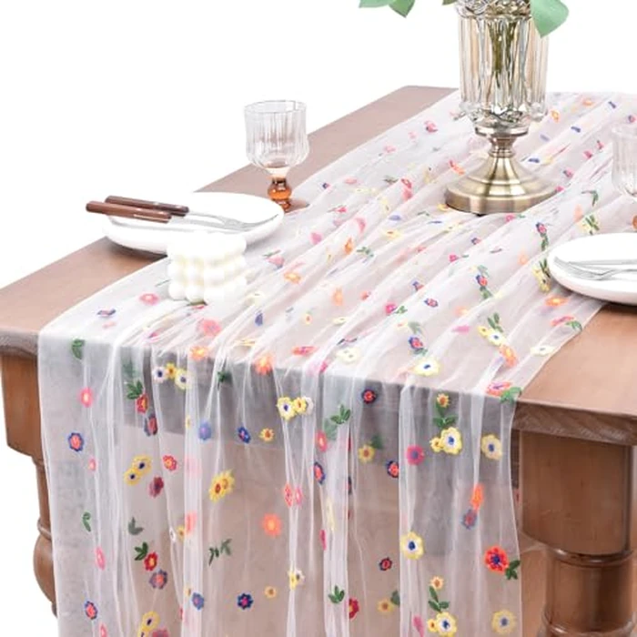 Joanlody 3pcs Ivory Embroidery Daisy Spring Summer Table Runner 10ft Florals Seasonal Easter Tulle Table Runner Holiday Kitchen Dining Table Decoration for Home Party Indoor by Joanlody - Image 1