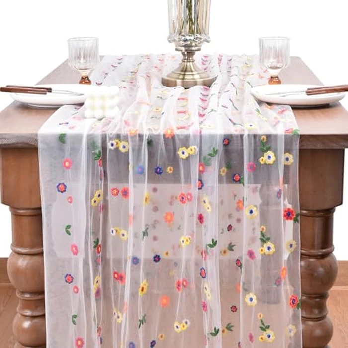 Joanlody 3pcs Ivory Embroidery Daisy Spring Summer Table Runner 10ft Florals Seasonal Easter Tulle Table Runner Holiday Kitchen Dining Table Decoration for Home Party Indoor by Joanlody - Image 2