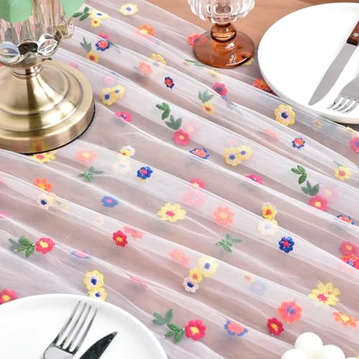 Joanlody 3pcs Ivory Embroidery Daisy Spring Summer Table Runner 10ft Florals Seasonal Easter Tulle Table Runner Holiday Kitchen Dining Table Decoration for Home Party Indoor by Joanlody - Image 5