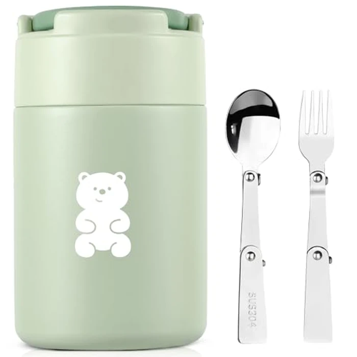 Thermo Food Container - 600ML Insulated Lunch Box with Foldable Fork& Spoon, Leak Proof Food Thermo, Portable Wide Mouth Soup Container for Outdoors, Indoors, Office, Picnic (Green) by HOUSETEC - Used - Like New condition - CA$21.79