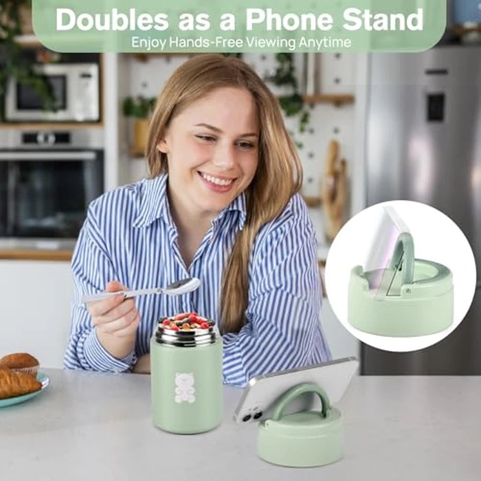 Thermo Food Container - 600ML Insulated Lunch Box with Foldable Fork& Spoon, Leak Proof Food Thermo, Portable Wide Mouth Soup Container for Outdoors, Indoors, Office, Picnic (Green) by HOUSETEC - Image 4