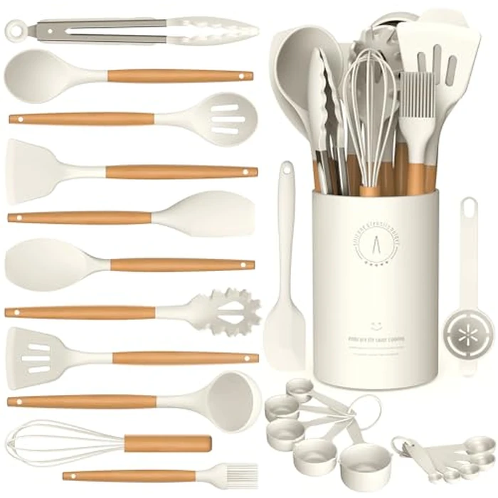 Silicone Cooking Utensils Set - Silicone Kitchen Utensils for Cooking Wooden Handles, 446 degreesF Heat Resistant Kitchen Utensil Spatula Sets w Holder, Gadgets for Non-Stick Cookware BPA Free (Cream White) by AVGPD - Image 1