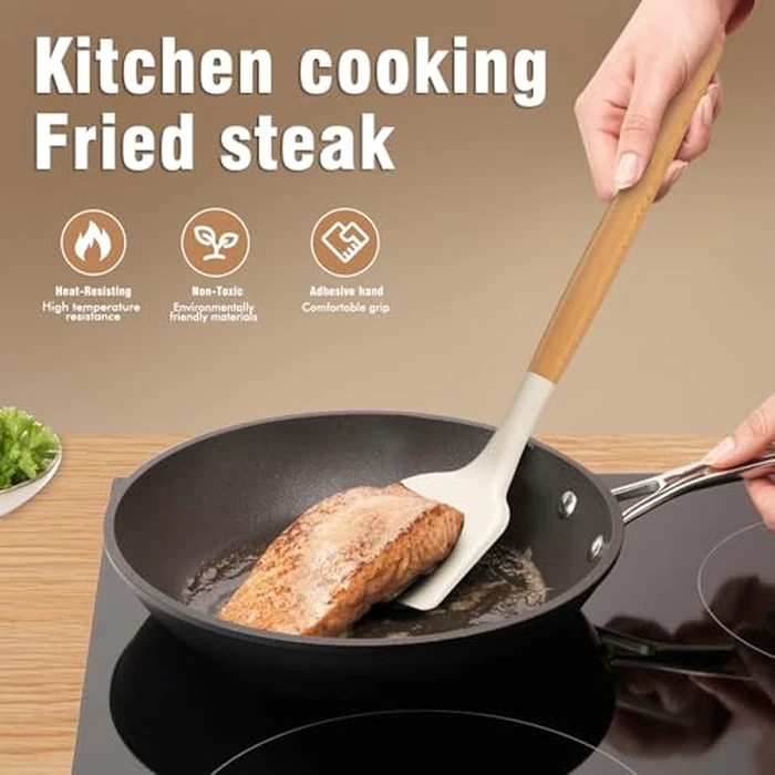 Silicone Cooking Utensils Set - Silicone Kitchen Utensils for Cooking Wooden Handles, 446 degreesF Heat Resistant Kitchen Utensil Spatula Sets w Holder, Gadgets for Non-Stick Cookware BPA Free (Cream White) by AVGPD - Image 3