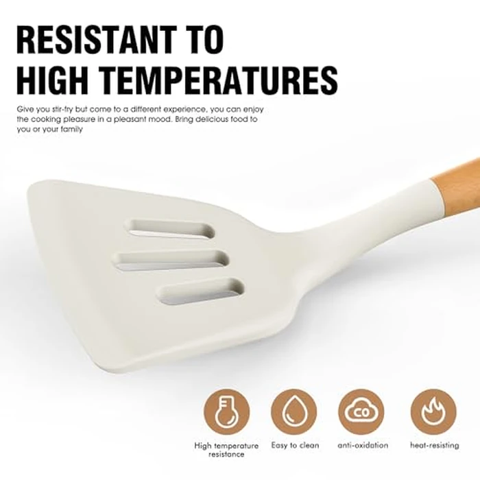 Silicone Cooking Utensils Set - Silicone Kitchen Utensils for Cooking Wooden Handles, 446 degreesF Heat Resistant Kitchen Utensil Spatula Sets w Holder, Gadgets for Non-Stick Cookware BPA Free (Cream White) by AVGPD - Image 6