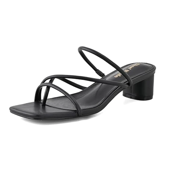 Shoe'N Tale Strappy Heels for Women Chunky Thong Strap Slip On Mules Square Toe Low Kitten Heeled Sandals (8.5,Black) by Shoe'N Tale - Used - Like New condition - US$25.68