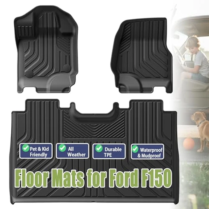 Pyniro TPE Car Floor Mats for Ford F-150 2015-2025 & F150 Lightning 2022-2025 SuperCrew (Rear w/o Fold Flat Storage), Custom Fit Carpet Floor All Weather Truck Mats - Front and Rear Row, 3PCS by Pyniro - Image 1