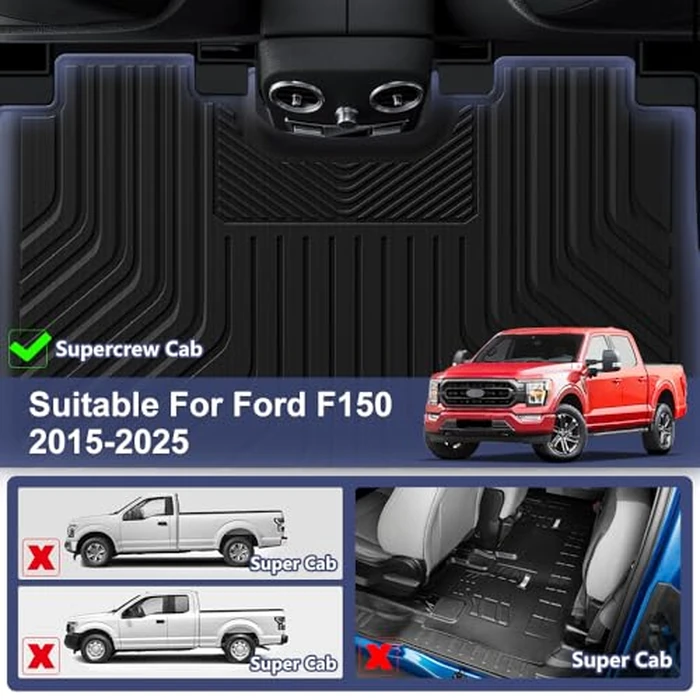 Pyniro TPE Car Floor Mats for Ford F-150 2015-2025 & F150 Lightning 2022-2025 SuperCrew (Rear w/o Fold Flat Storage), Custom Fit Carpet Floor All Weather Truck Mats - Front and Rear Row, 3PCS by Pyniro - Image 2