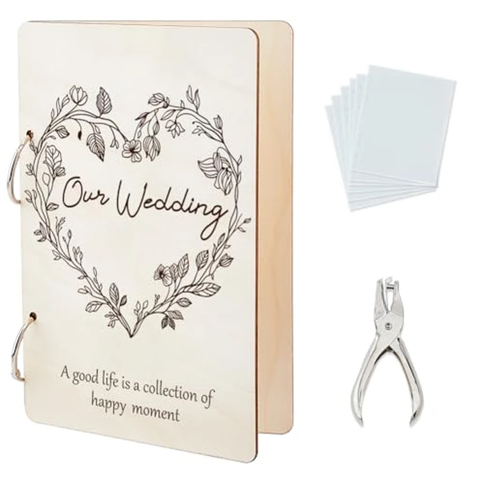 SUPERDANT Our Wedding Greeting Card Organizer Planning Book Binder Card Keeper Leaves Hearts Holder Wooden Keeper Binder Photo Album 2-Rings Cover Keepsake Wedding Gift with Punch and 10 Cards Pocket by SUPERDANT - Image 1