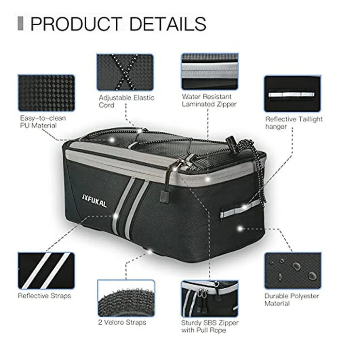 JXFUKAL Rear Bike Rack Bag with Rain Cover, 7L/9L/10L/12L Waterproof Bicycle Ebike Saddle Bag Cycling Pannier Trunk Carrier with Reflector & Adjustable Cord for Commuter Travel Outdoor by JXFUKAL - Image 2