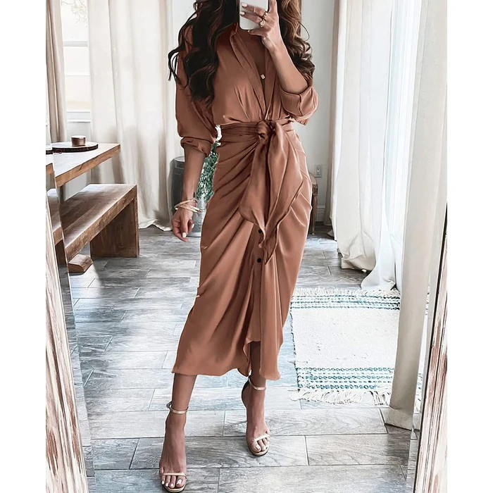 BTFBM Summer Dresses for Women 2026 Long Sleeve V Neck Button Down Elegant Belted Ruched Satin Silk Shirt Spring Dress(Dark Khaki, Large) by BTFBM - Used - Like New condition