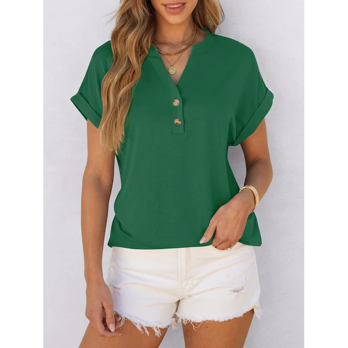 ANRABESS Womens Short Sleeve Henley Tops V Neck Dressy Casual Blouses Summer Trendy Tee Shirts 2026 Vacation Fashion Clothes Green Small by ANRABESS - Image 3
