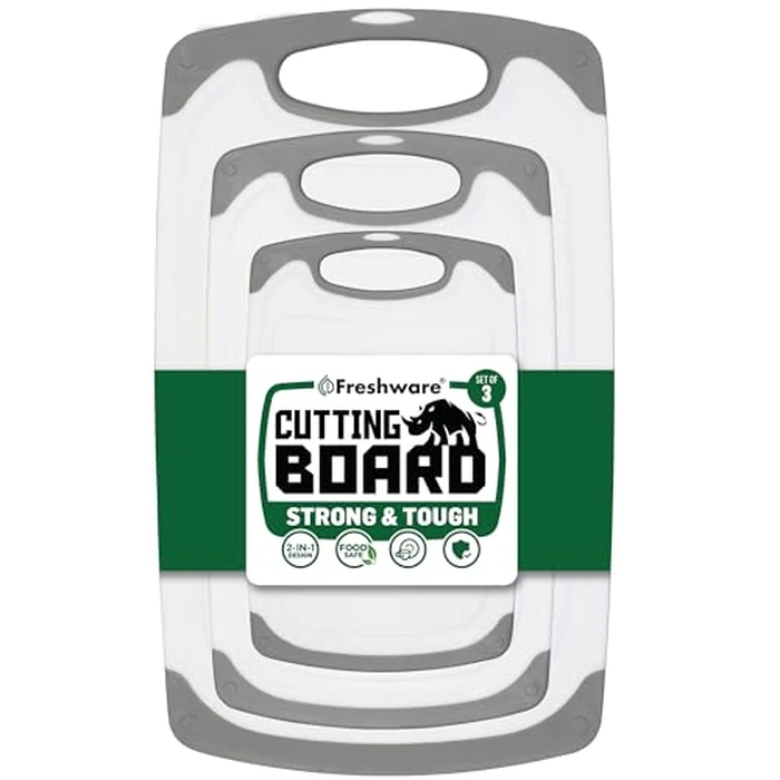 Freshware Cutting Boards for Kitchen, Chopping Board 3-Pack with Different Sizes, Juice Grooves and Non Slip Handles - Reversible, Large Cutting Board Set - Dishwasher Safe - Gray by Freshware - Used - Very Good condition