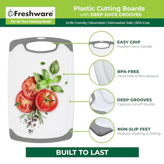 Freshware Cutting Boards for Kitchen, Chopping Board 3-Pack with Different Sizes, Juice Grooves and Non Slip Handles - Reversible, Large Cutting Board Set - Dishwasher Safe - Gray by Freshware - Image 5