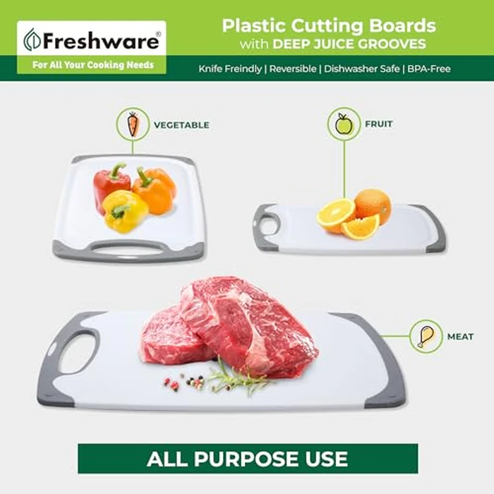Freshware Cutting Boards for Kitchen, Chopping Board 3-Pack with Different Sizes, Juice Grooves and Non Slip Handles - Reversible, Large Cutting Board Set - Dishwasher Safe - Gray by Freshware - Image 8