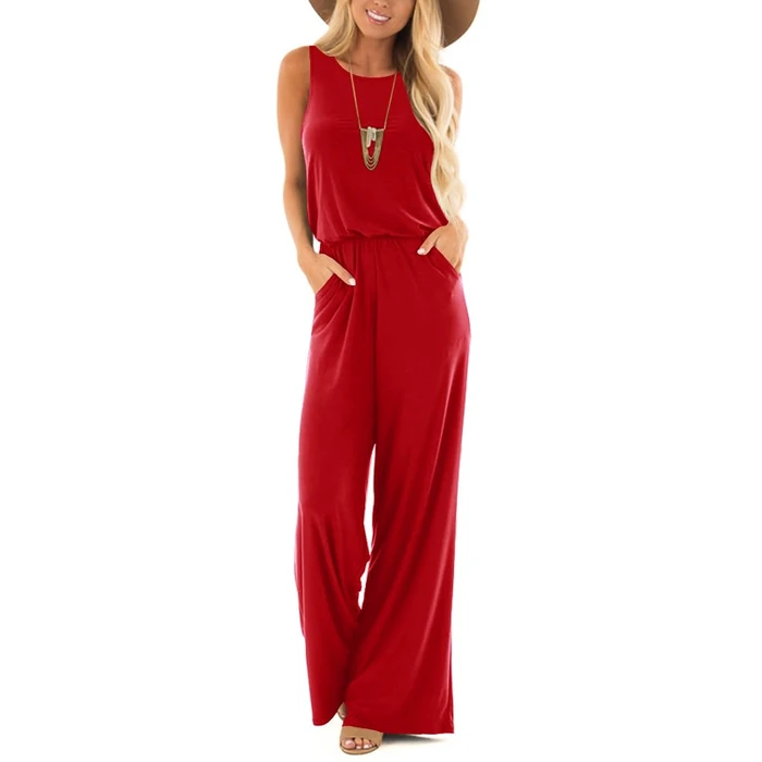 Lacozy Womens Jumpsuits Casual Summer Crew Neck Rompers Sleeveless Wide Leg Pants Jumpers with Pockets 2026 Clothes Red M by Lacozy - Used - Like New condition - US$32.46